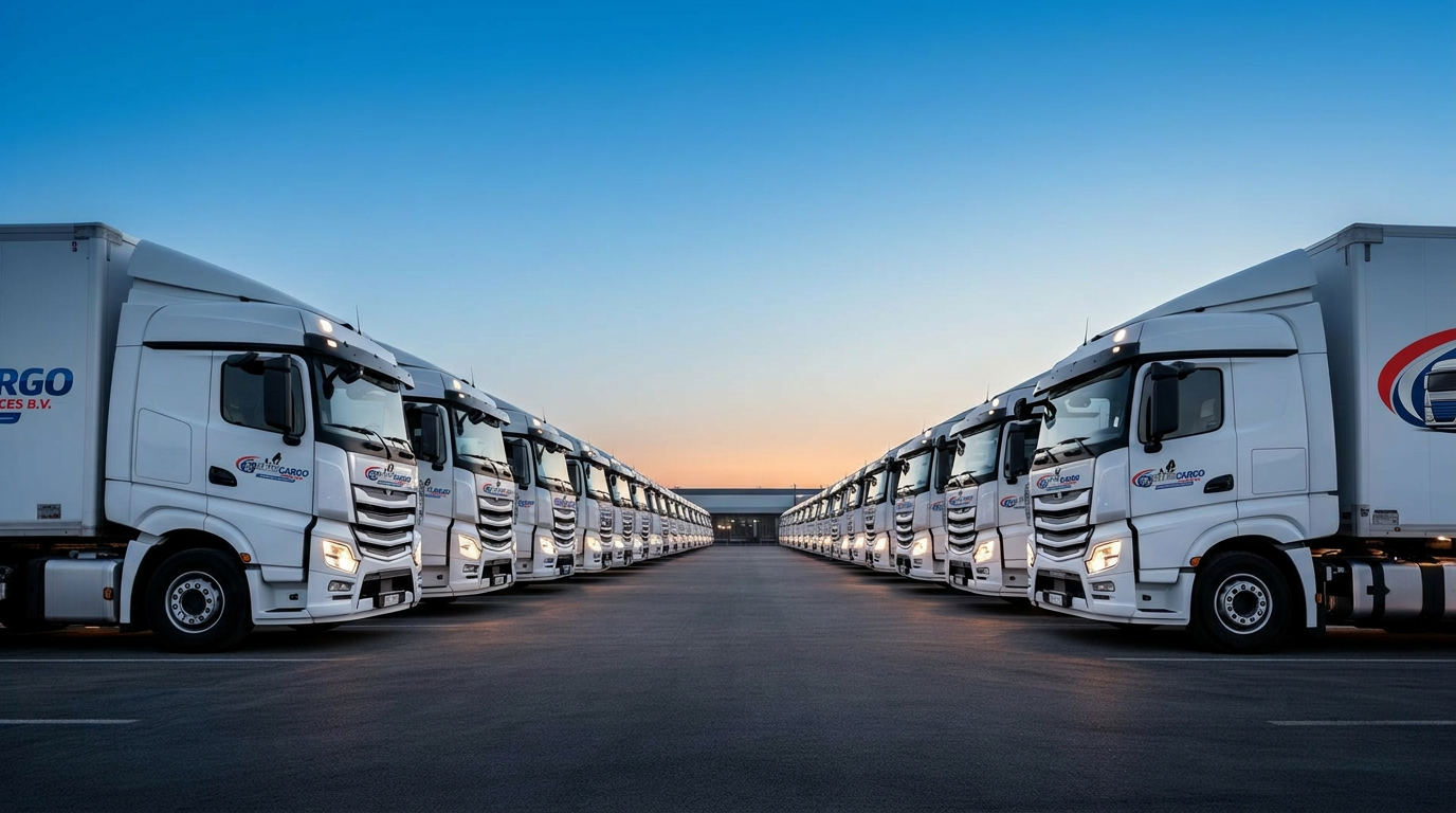 Vloot van Elite Cargo vrachtwagens bij het depot